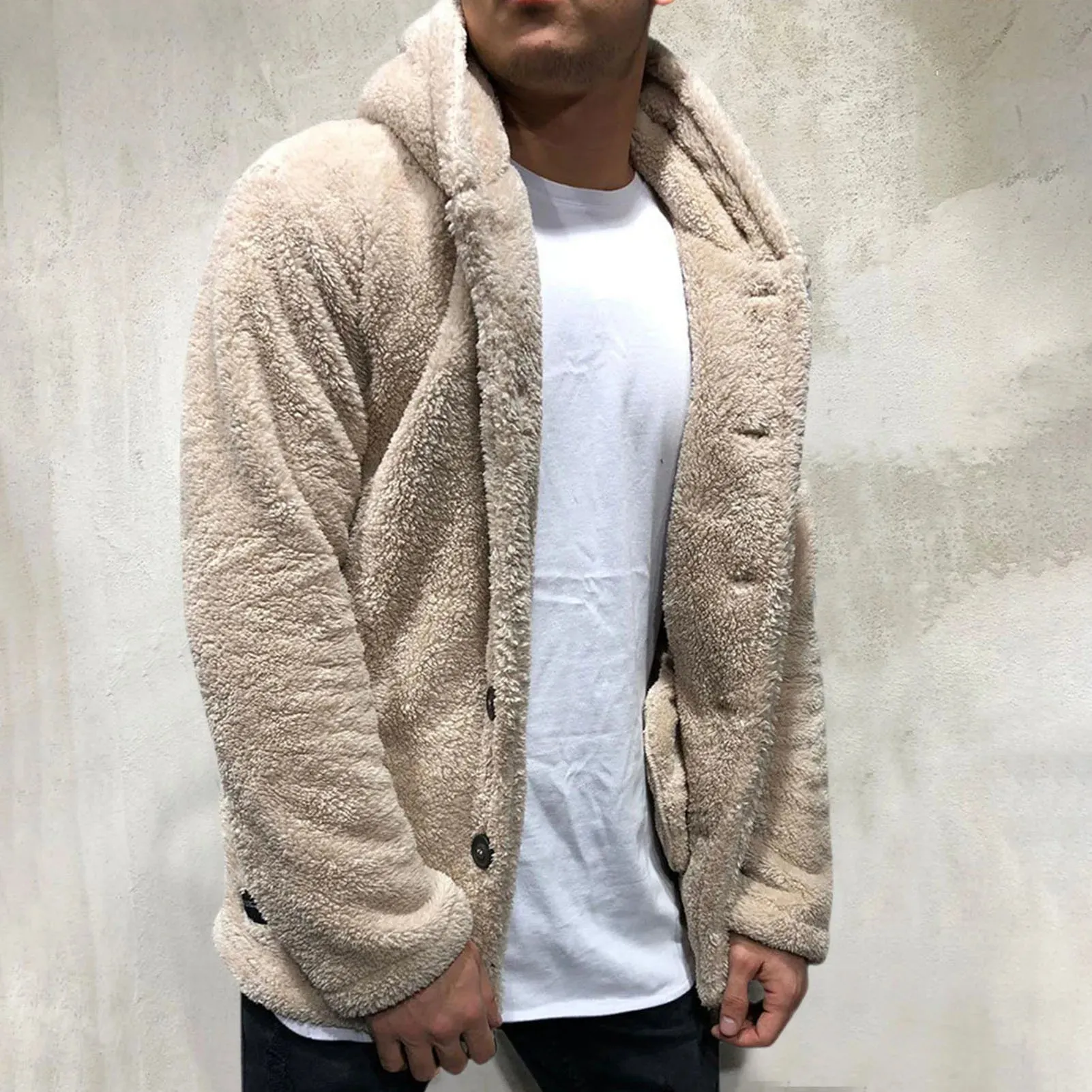 Coat Fluffy Fleece Thick Warm Windbreaker Jacket Long Sleeve Hooded Coat Plush Buttons Closure Thicken Warm Men Coat Outerwear