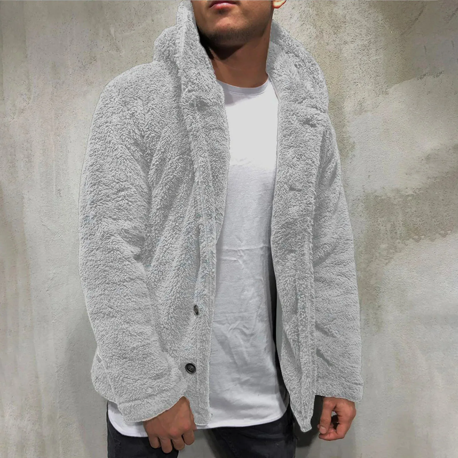 Coat Fluffy Fleece Thick Warm Windbreaker Jacket Long Sleeve Hooded Coat Plush Buttons Closure Thicken Warm Men Coat Outerwear