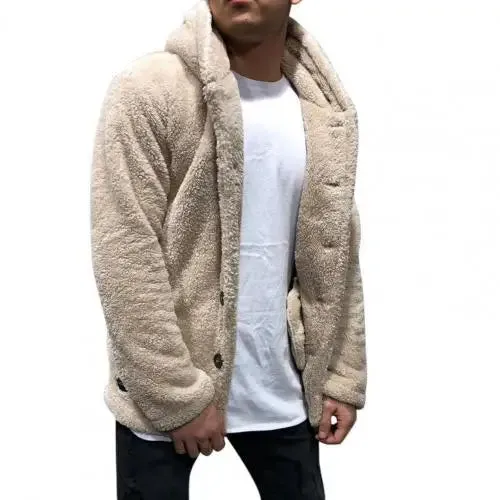 Coat Fluffy Fleece Thick Warm Windbreaker Jacket Long Sleeve Hooded Coat Plush Buttons Closure Thicken Warm Men Coat Outerwear