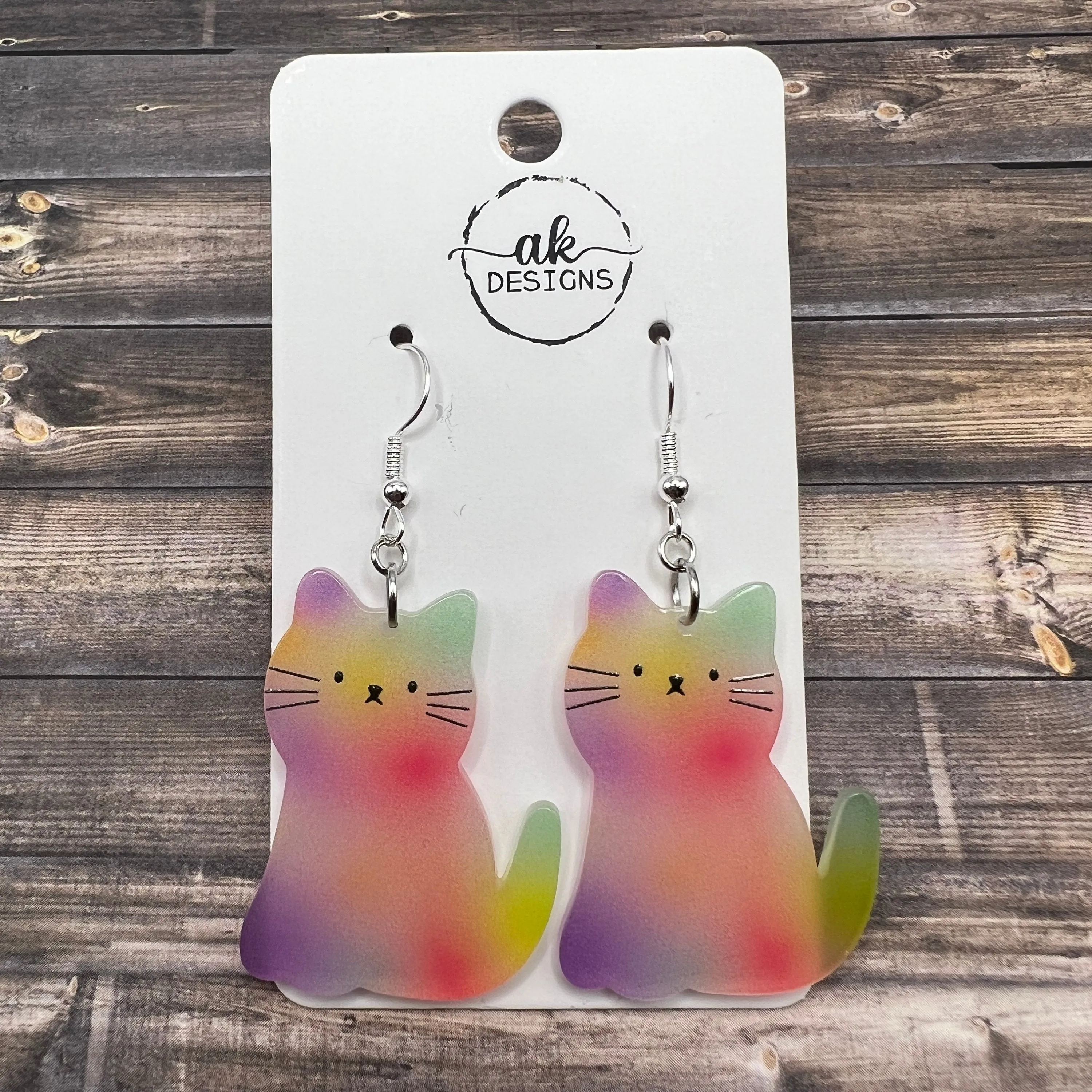 Colorful Acrylic Cartoon Cat  Earrings -  Lightweight Rainbow Gradient