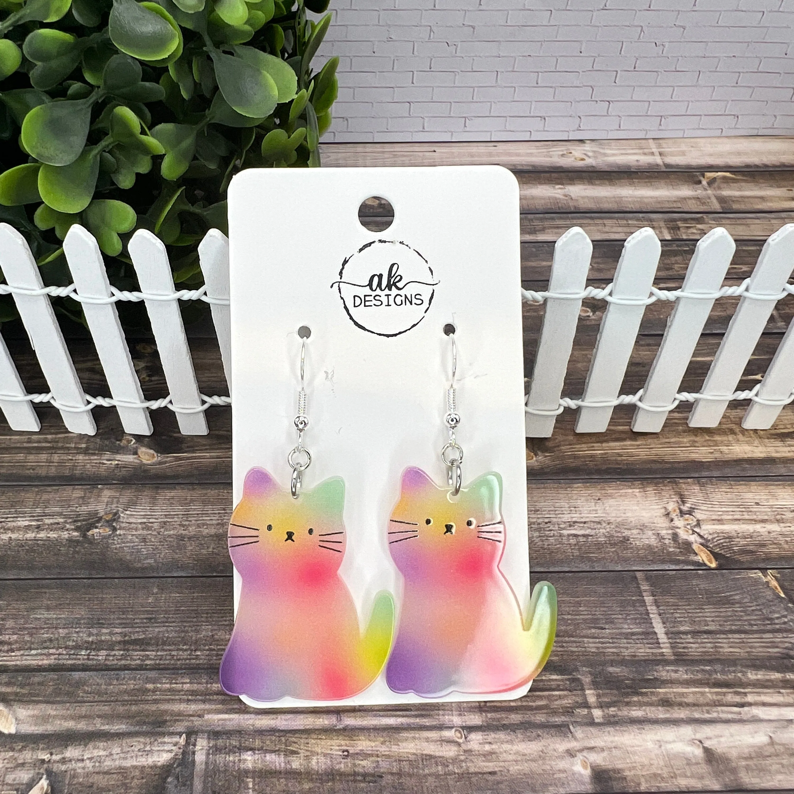 Colorful Acrylic Cartoon Cat  Earrings -  Lightweight Rainbow Gradient