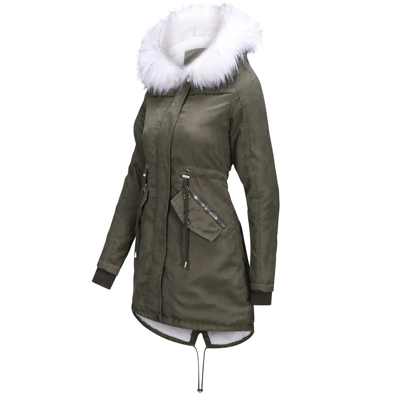 Cotton Coats Women Casual Fur Long Hooded Jacket Fashion Simple High Street