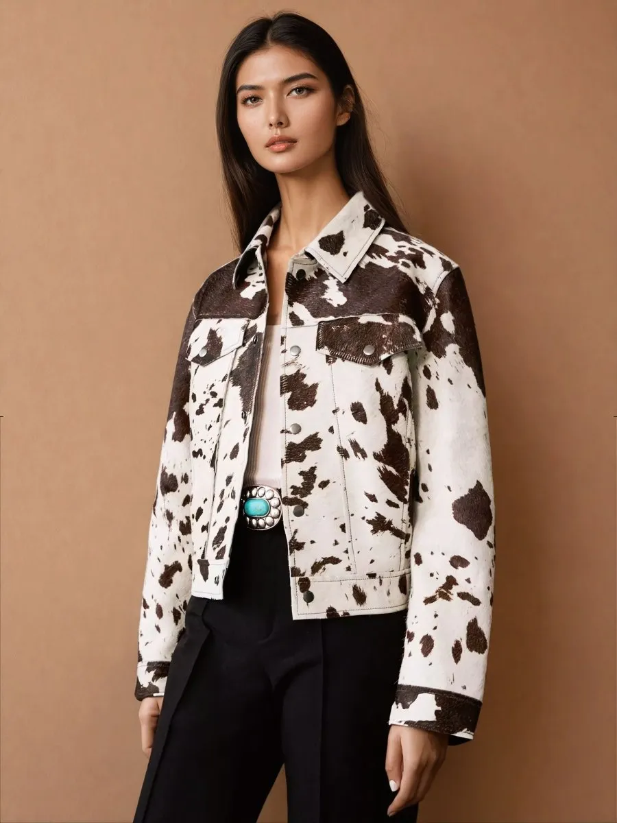 Cow Print Faux Fur Shirt-Style Jacket