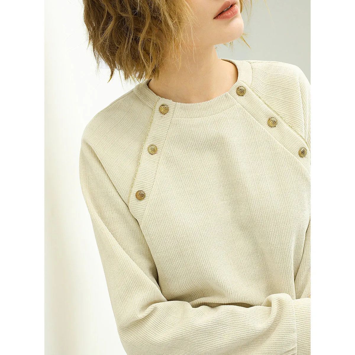 Cream Knit Swear with Gold Snap Buttons