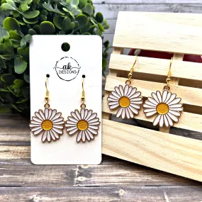 Daisy Enamel Alloy Flower Floral Plant Goldtone  Earrings, Hypoallergenic Gift