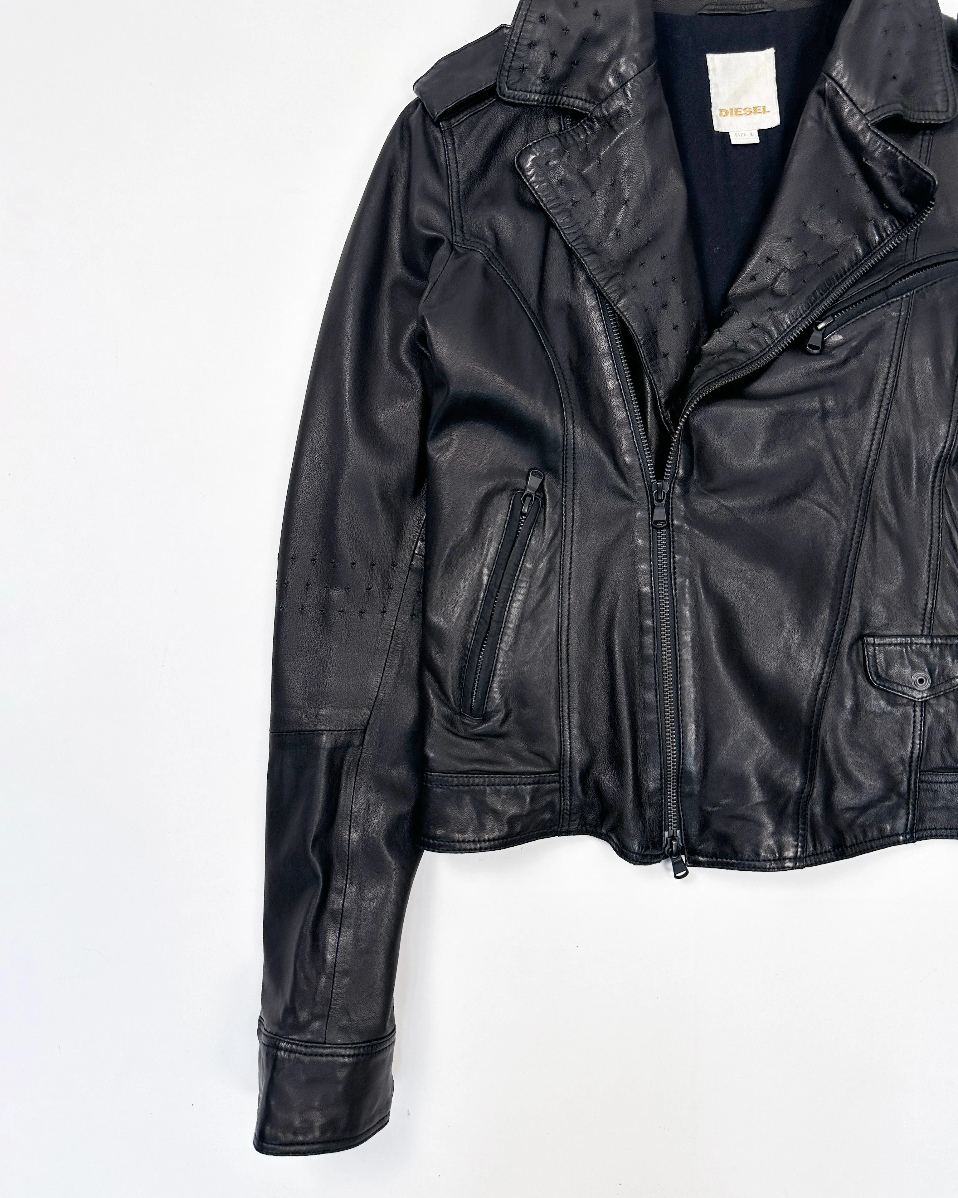 Diesel Perforated Biker Black Leather Jacket 2000's