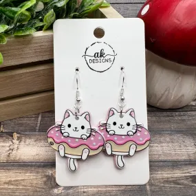 Donut / Doughnut White Kitty Acrylic Cat  Earrings, Hypoallergenic Gift