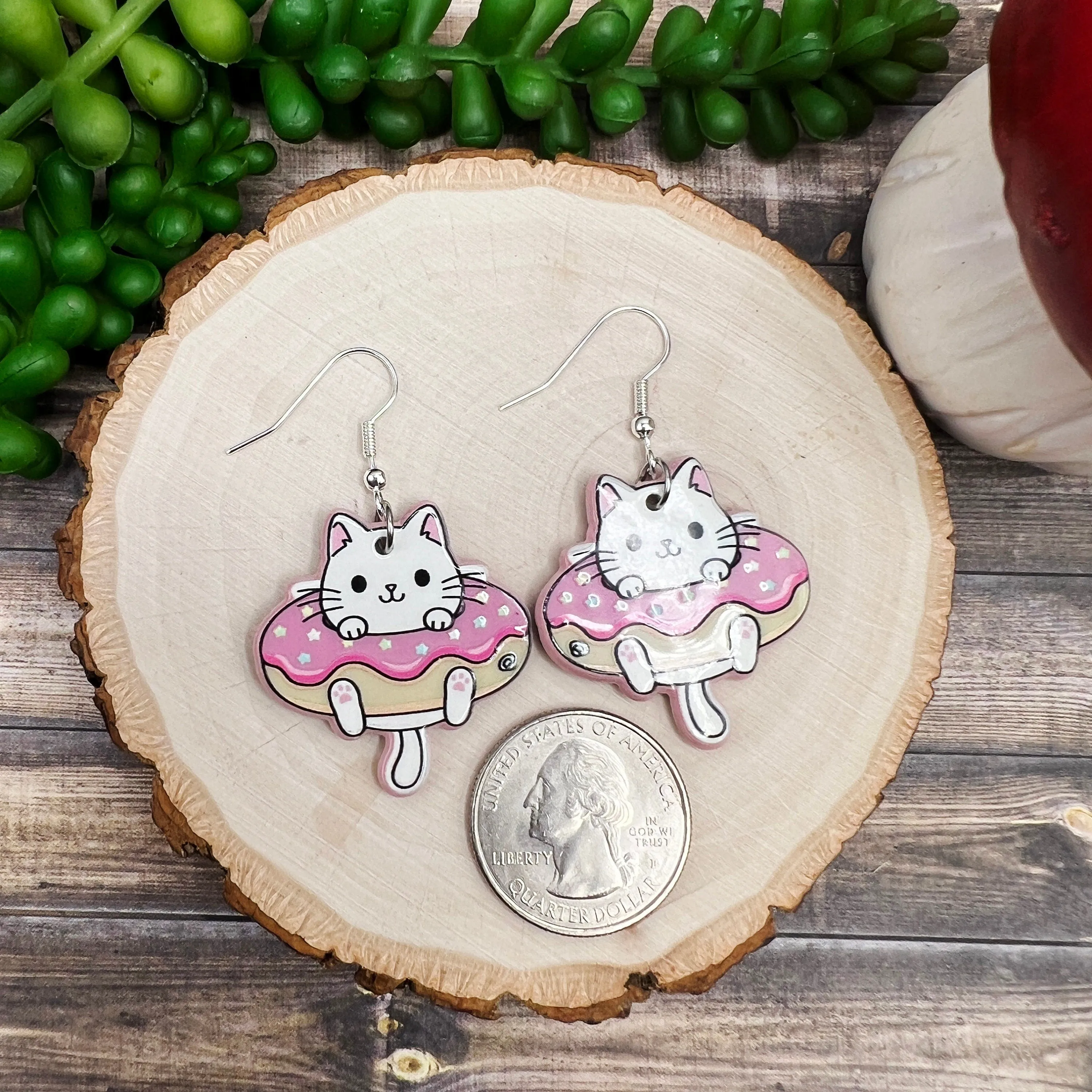 Donut / Doughnut White Kitty Acrylic Cat  Earrings, Hypoallergenic Gift