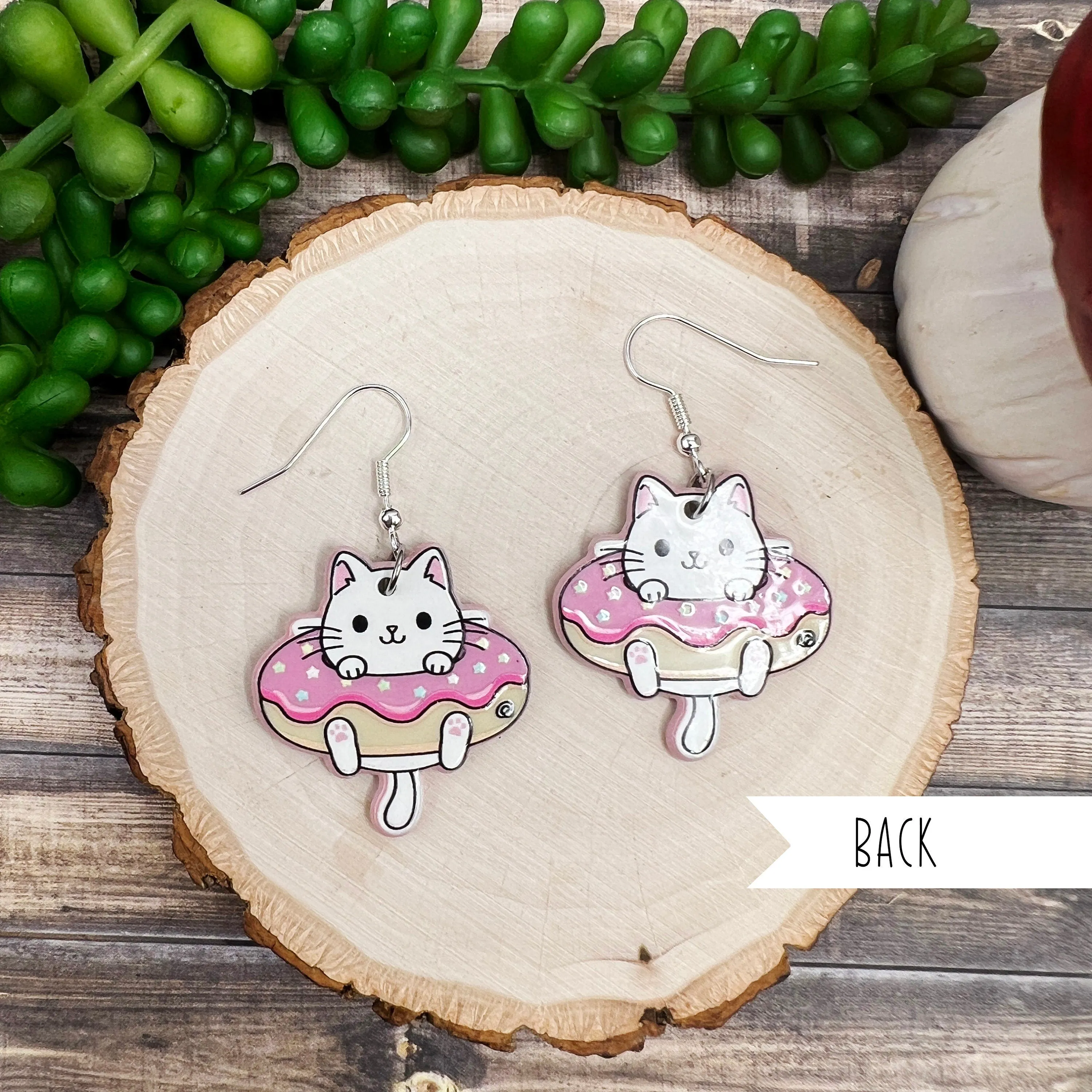 Donut / Doughnut White Kitty Acrylic Cat  Earrings, Hypoallergenic Gift