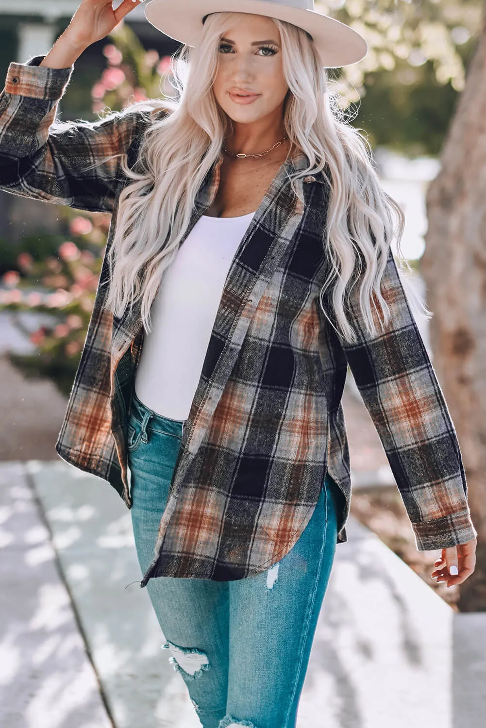 Double Take Plaid Side Slit Curved Hem Shirt