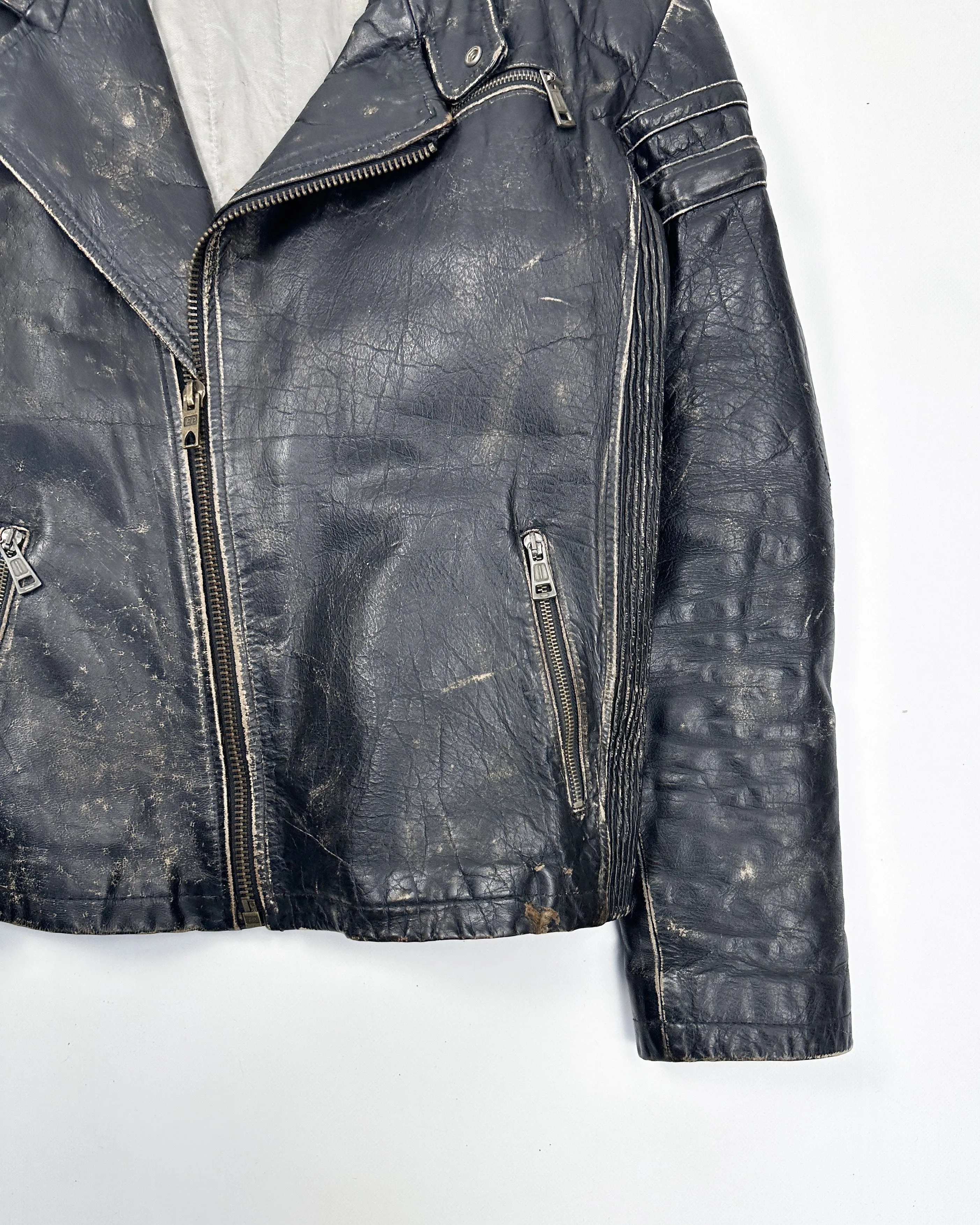 Energie Black Distressed Racing Leather Jacket 1990's