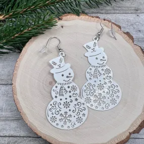 Fancy Oversized Lightweight Snowman White Painted Brass Hypoallergenic  Christmas Winter Earrings