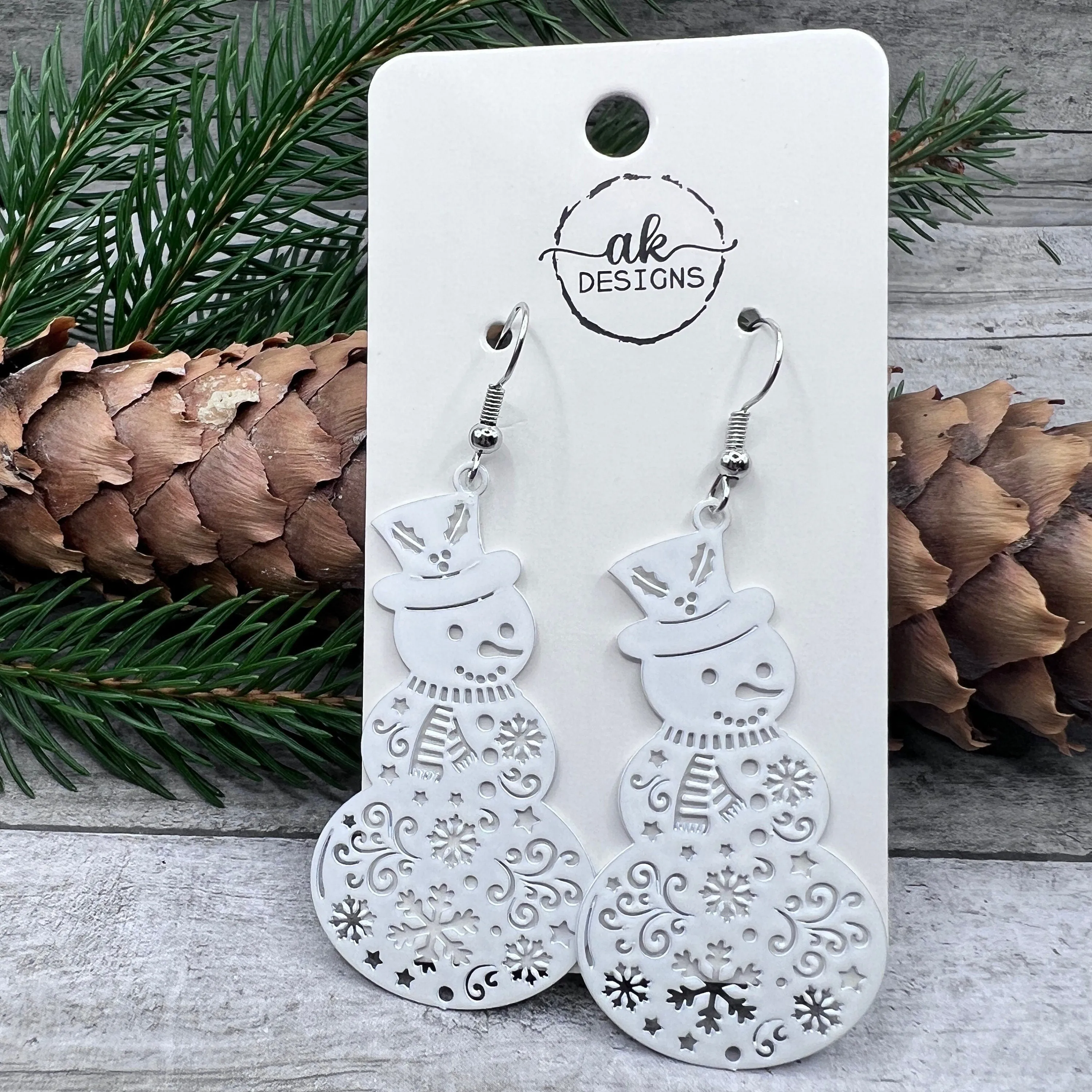 Fancy Oversized Lightweight Snowman White Painted Brass Hypoallergenic  Christmas Winter Earrings