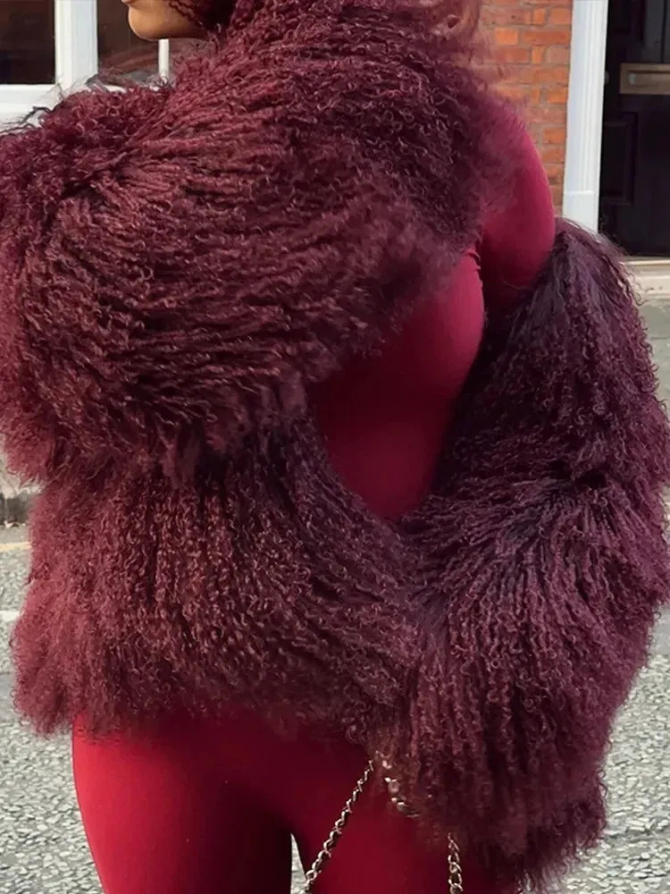 Fashionkova Christmas Gift Outfit Elegant Solid Color Fluffy Warm Woman Short Coat Chic Wine Red Plush Faux Fur Jacket 2024 New Winter Lady High Street Outerwear