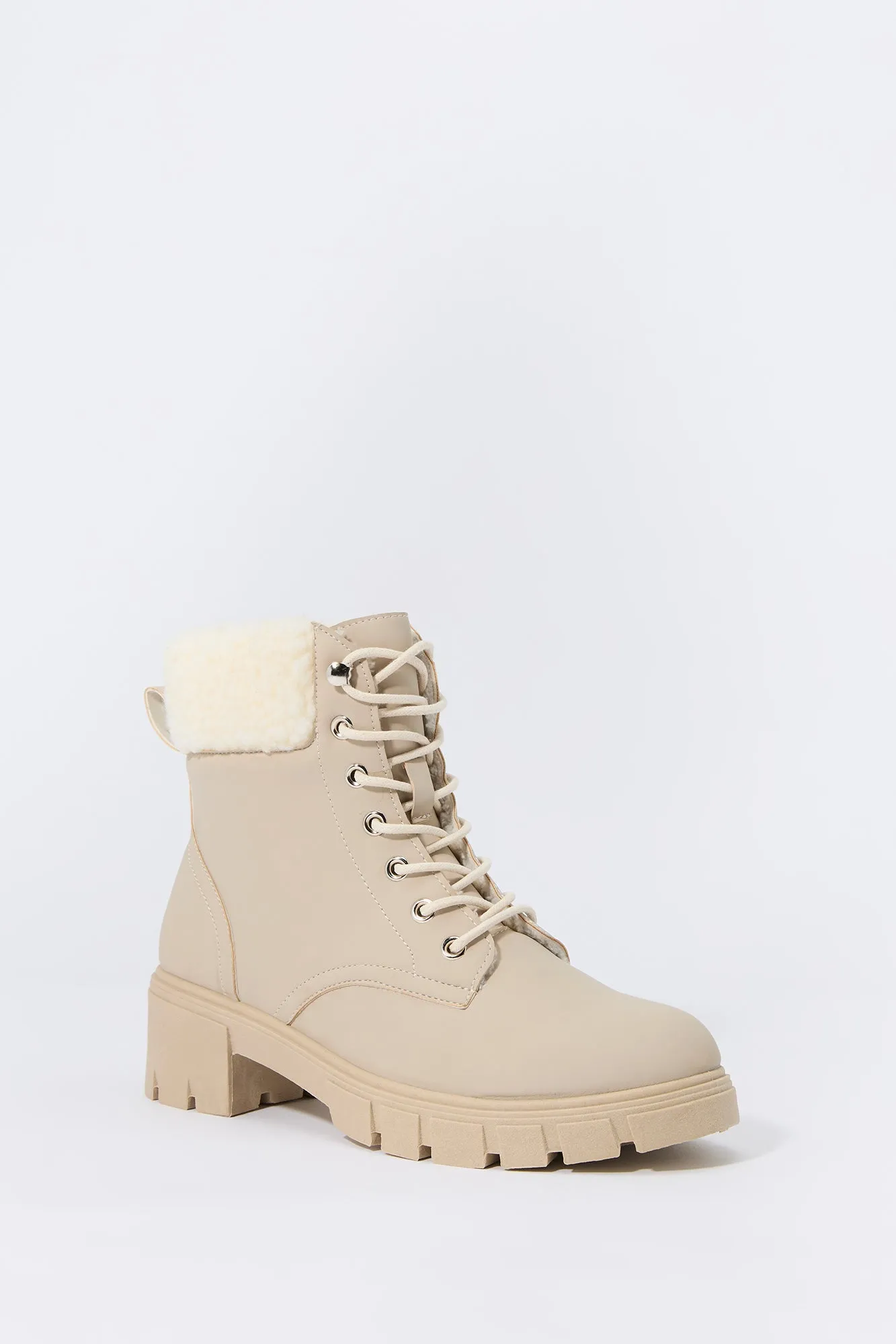 Faux Fur Collared Lace Up Lug Boot