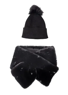 Faux-Fur Scarf & Beanie Set - Black