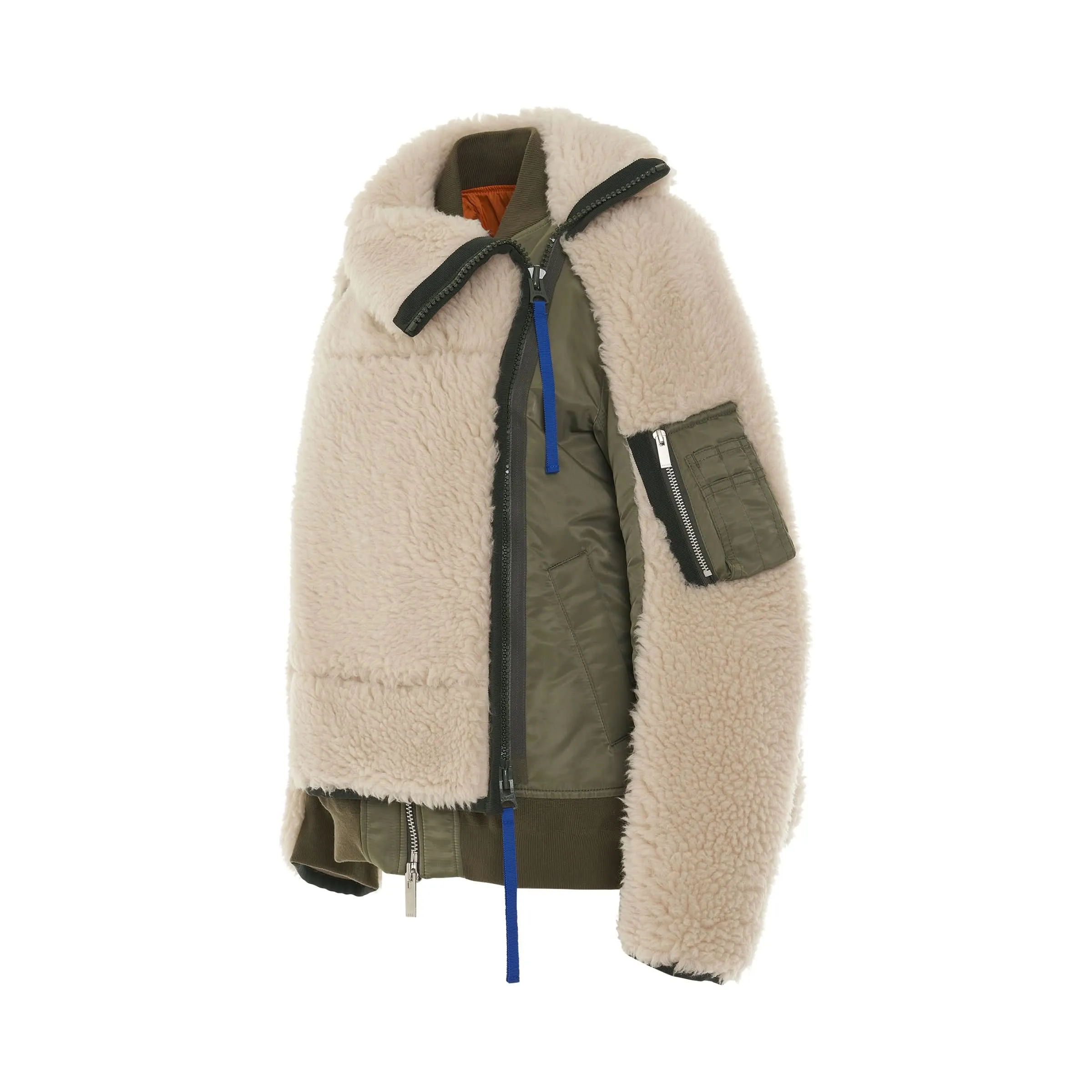 Faux Shearling Nylon Twill Jacket in Ecru/Khaki