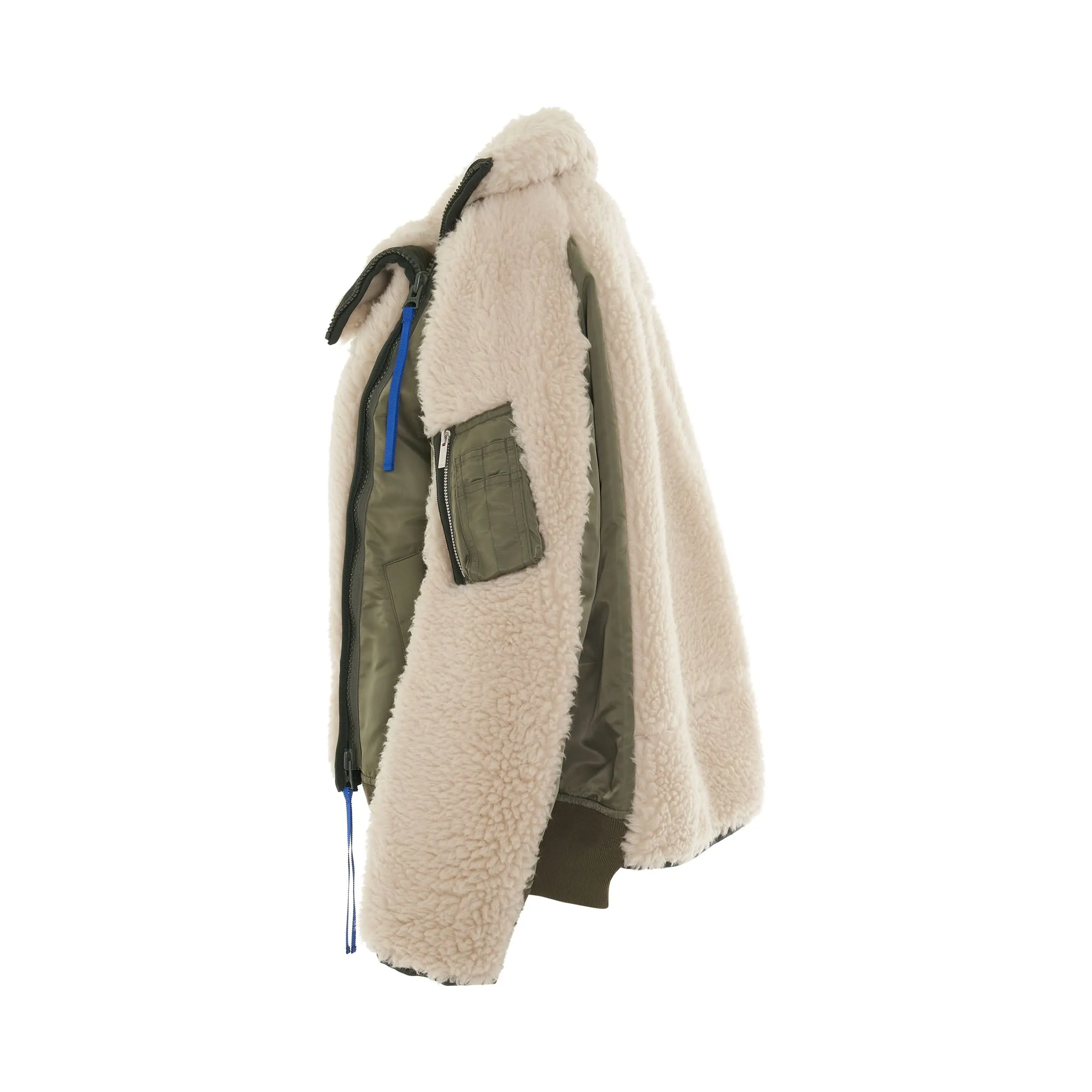 Faux Shearling Nylon Twill Jacket in Ecru/Khaki