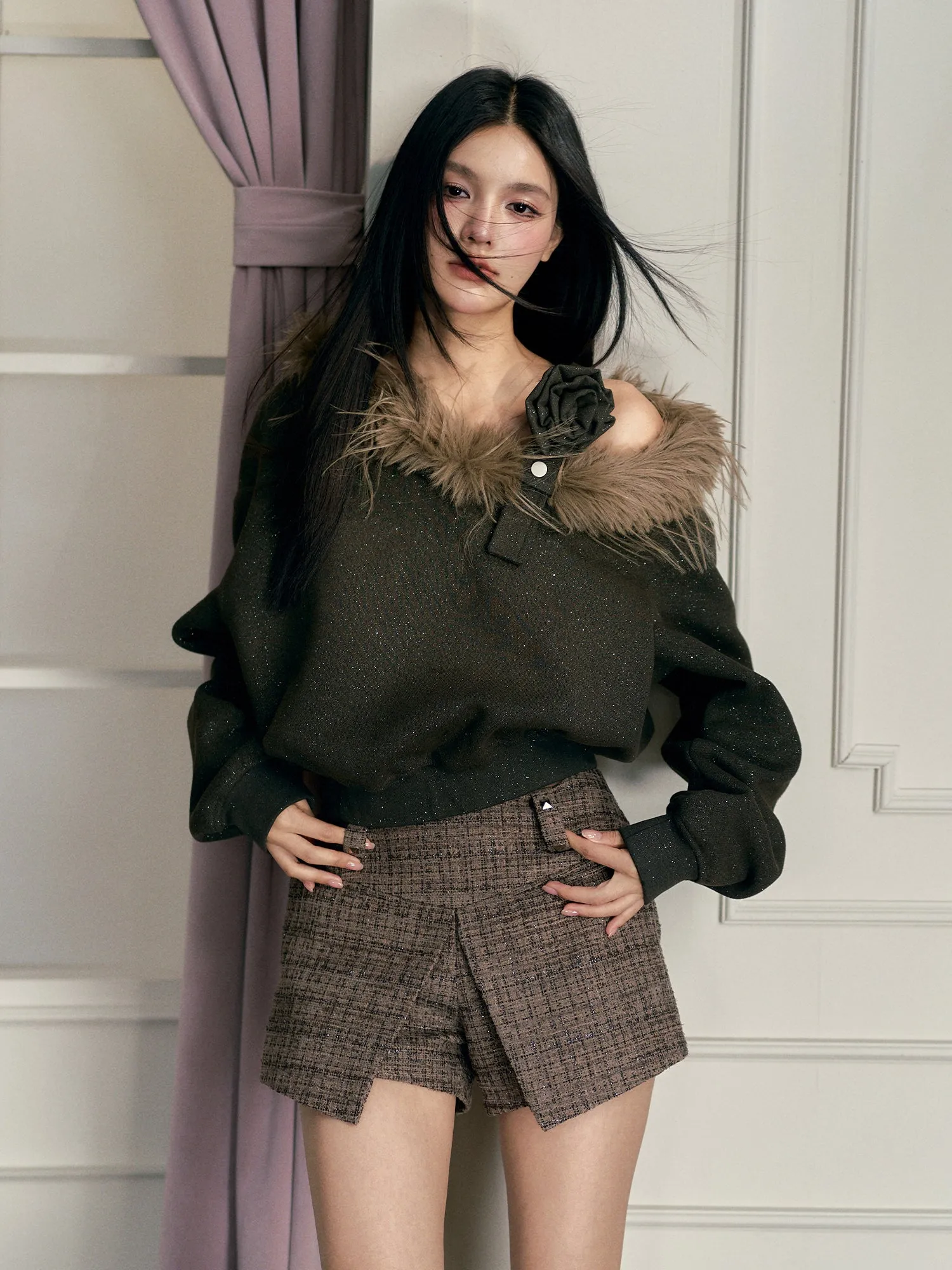 (Final Sale) Olive Green Fur Collar Short Sweater