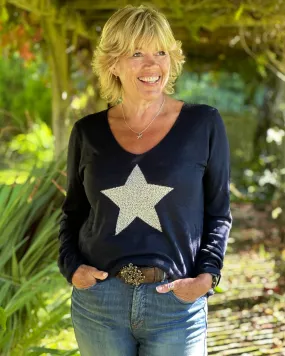 Fine Knit Star Jumper - Navy