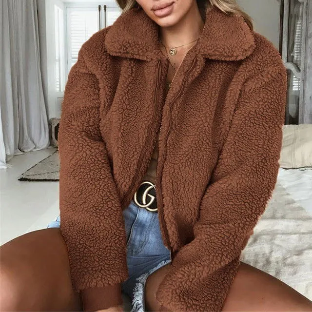 Fluffy Faux Lambswool Long Sleeve Collared Coats