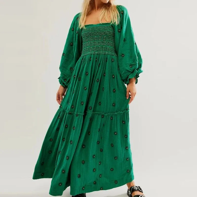 Flytonn-Beach Style Holiday Ruffle Swing A Line Maxi Dress Bohemian Floral Dress Women Lady Square Neck Long Sleeve Club Party Dress