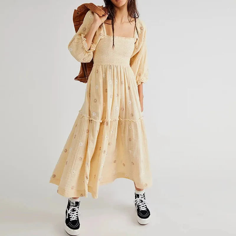 Flytonn-Beach Style Holiday Ruffle Swing A Line Maxi Dress Bohemian Floral Dress Women Lady Square Neck Long Sleeve Club Party Dress