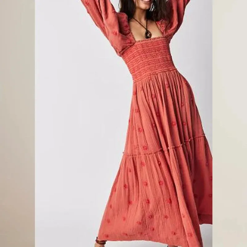 Flytonn-Beach Style Holiday Ruffle Swing A Line Maxi Dress Bohemian Floral Dress Women Lady Square Neck Long Sleeve Club Party Dress