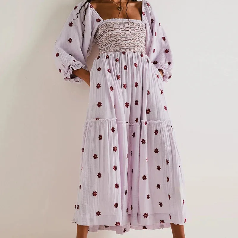 Flytonn-Beach Style Holiday Ruffle Swing A Line Maxi Dress Bohemian Floral Dress Women Lady Square Neck Long Sleeve Club Party Dress