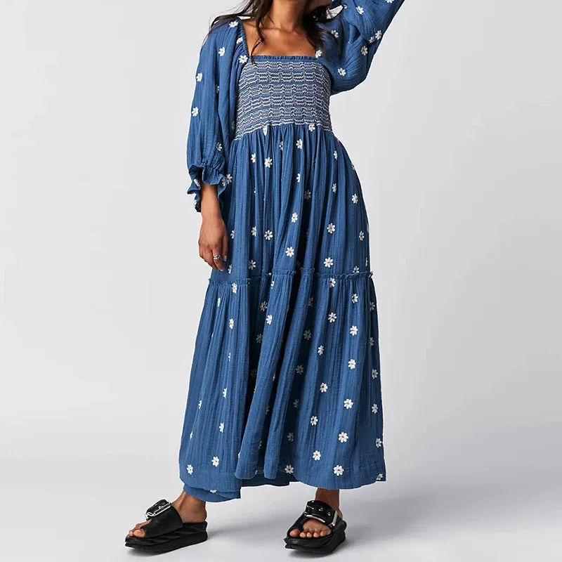 Flytonn-Beach Style Holiday Ruffle Swing A Line Maxi Dress Bohemian Floral Dress Women Lady Square Neck Long Sleeve Club Party Dress