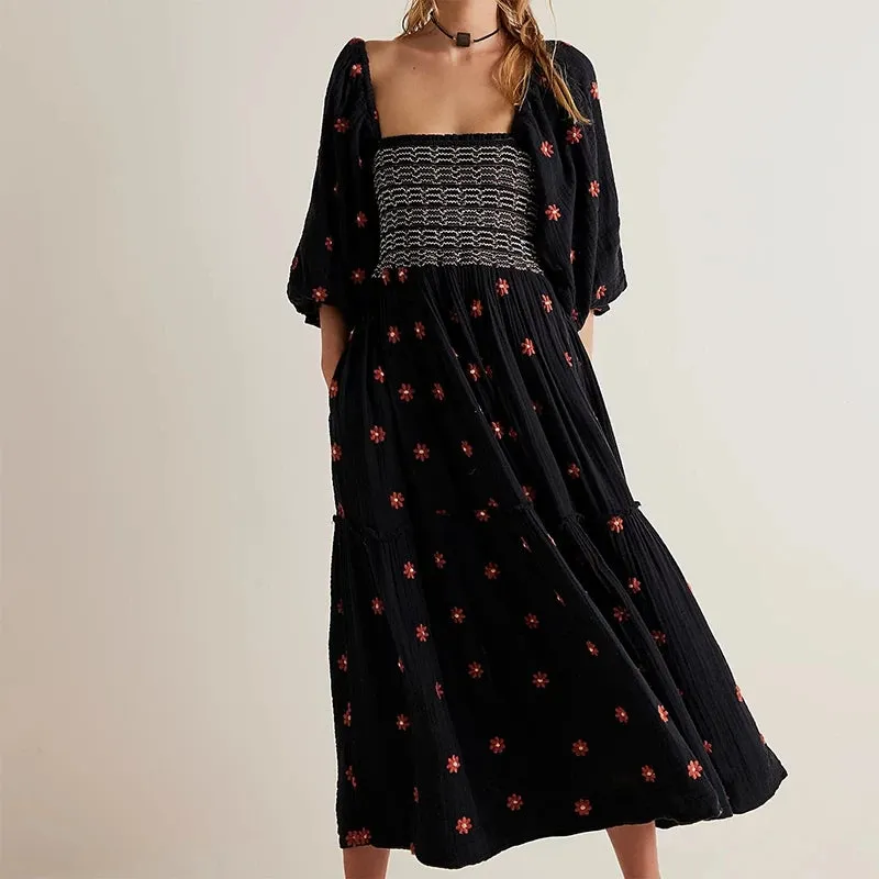 Flytonn-Beach Style Holiday Ruffle Swing A Line Maxi Dress Bohemian Floral Dress Women Lady Square Neck Long Sleeve Club Party Dress