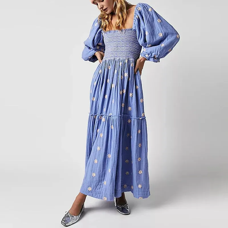 Flytonn-Beach Style Holiday Ruffle Swing A Line Maxi Dress Bohemian Floral Dress Women Lady Square Neck Long Sleeve Club Party Dress