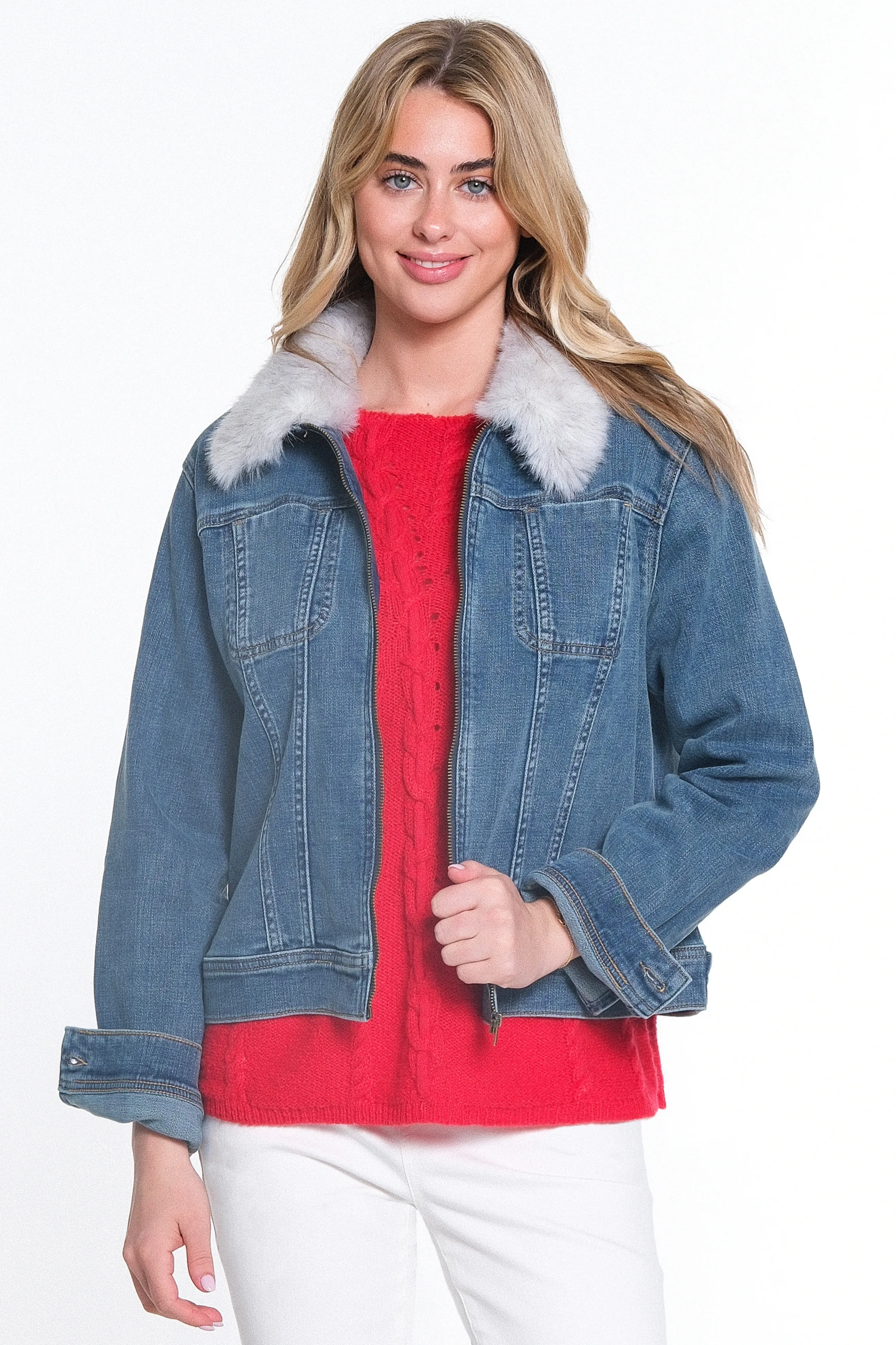 FUR COLLAR DENIM JACKET - Medium Indigo