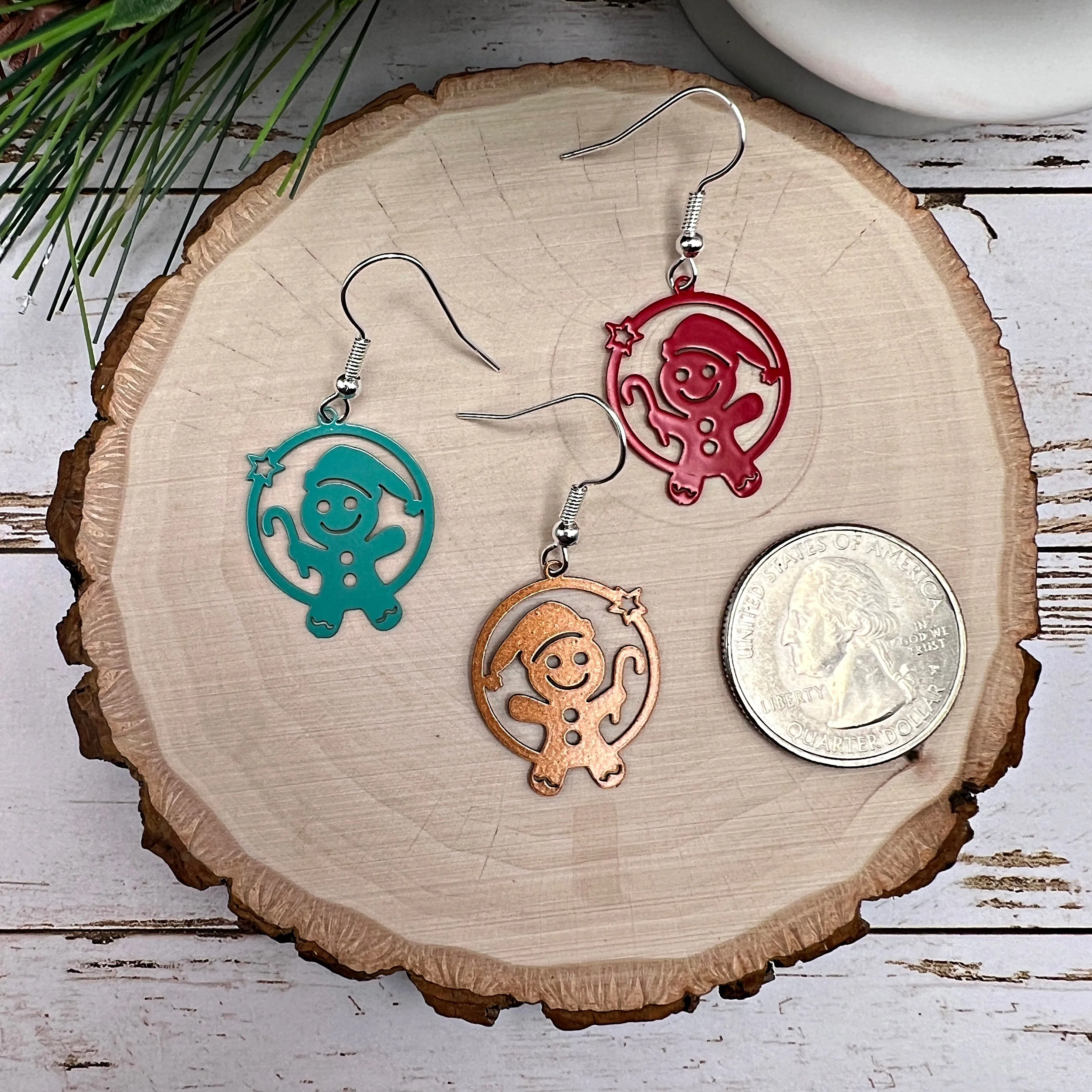 Gingerbread Christmas Candy Cane Circle Winter Christmas Hypoallergenic  Holiday Painted Brass Lightweight Earrings - Clearance