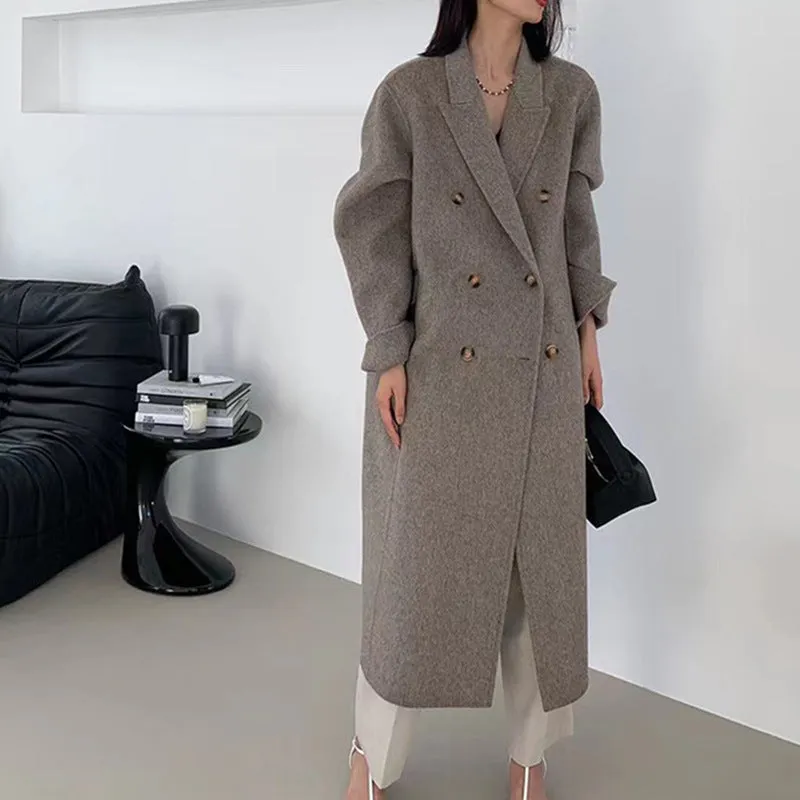 Girlary-shop 90s fashion 2024 Popular Long Wool Suit Collar Double-Sided Cashmere Coat Double-Breasted Classic Women's Coat Manufacturer