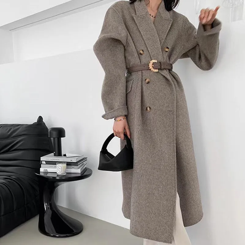 Girlary-shop 90s fashion 2024 Popular Long Wool Suit Collar Double-Sided Cashmere Coat Double-Breasted Classic Women's Coat Manufacturer