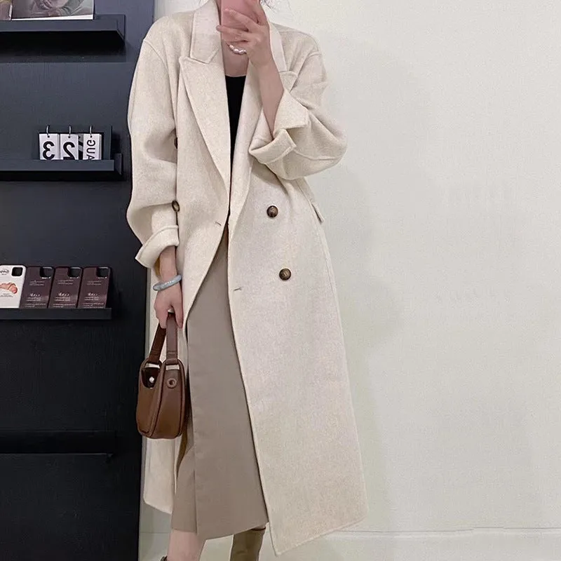 Girlary-shop 90s fashion 2024 Popular Long Wool Suit Collar Double-Sided Cashmere Coat Double-Breasted Classic Women's Coat Manufacturer