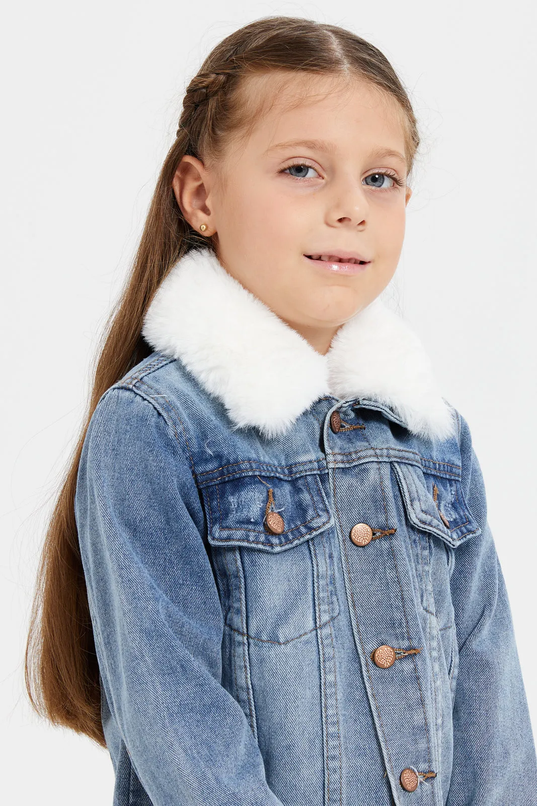 Girls Blue Denim Jacket With Fur Collar