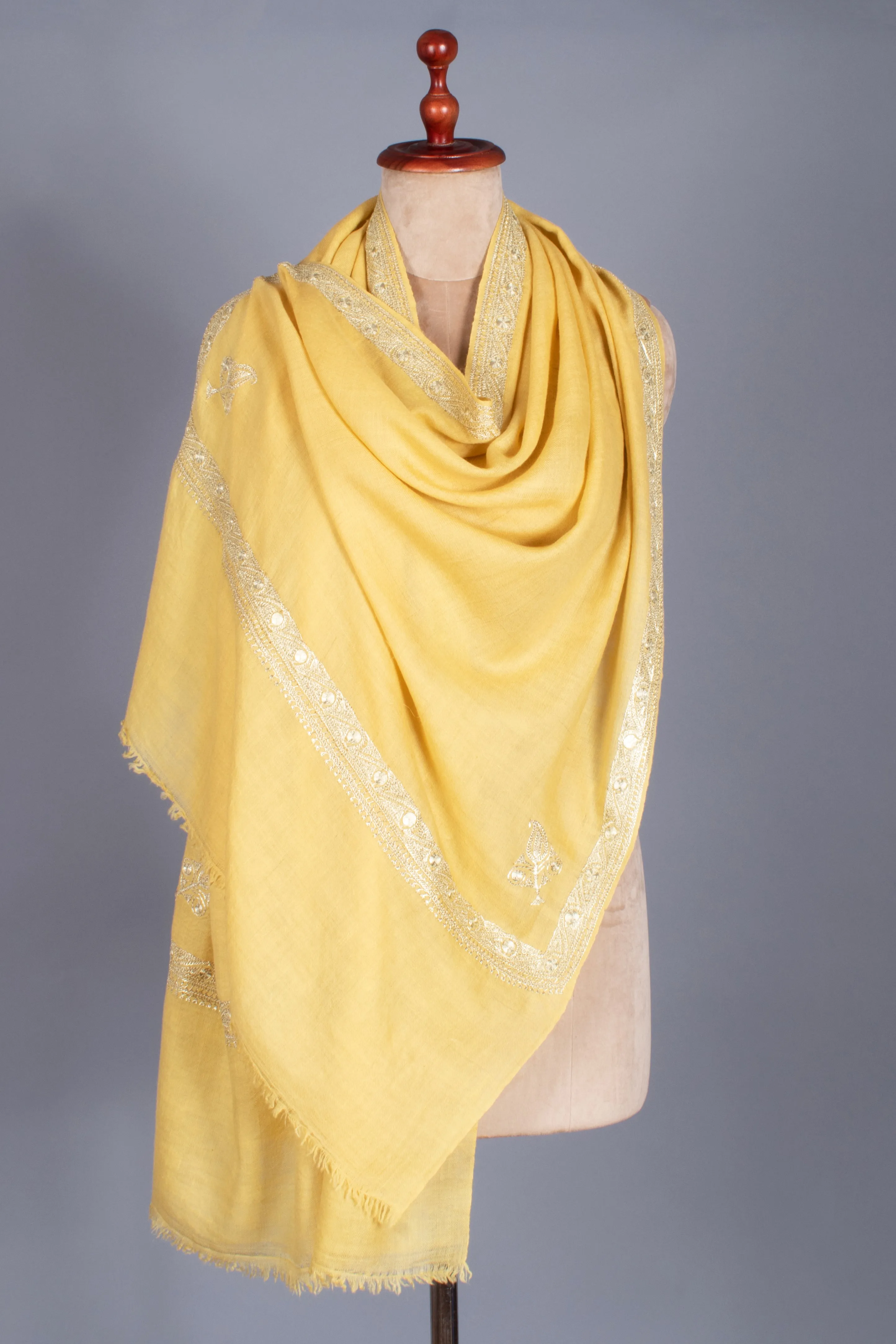 Golden Yellow Tilla Embroidered Cashmere Scarf