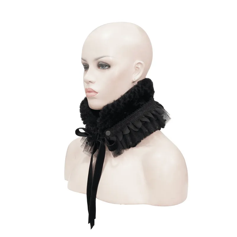 Gothic Faux Fur Warm Collar With Beading / Women's Black Scarf with Lace