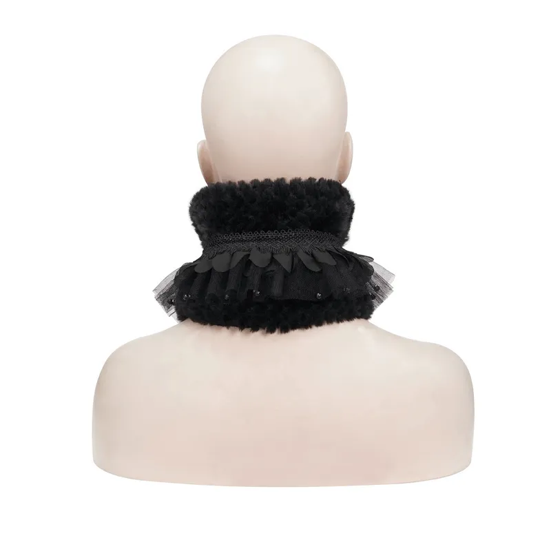 Gothic Faux Fur Warm Collar With Beading / Women's Black Scarf with Lace