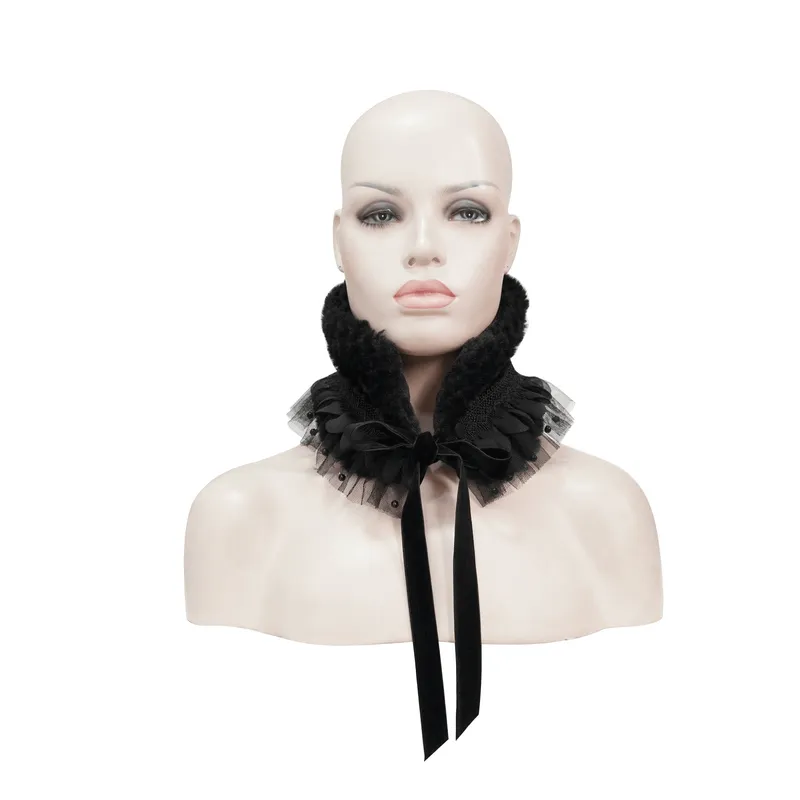 Gothic Faux Fur Warm Collar With Beading / Women's Black Scarf with Lace