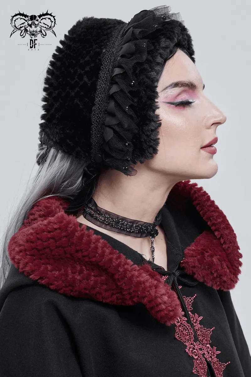 Gothic Faux Fur Warm Collar With Beading / Women's Black Scarf with Lace