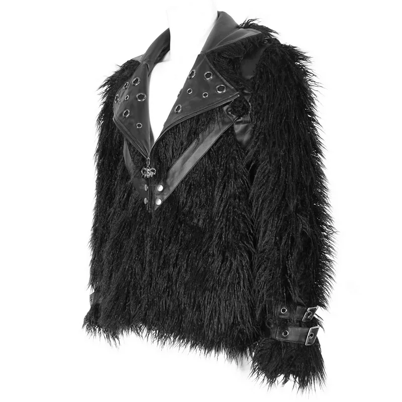 Gothic Punk Lapel Collar Faux Fur Jacket With Eyelets