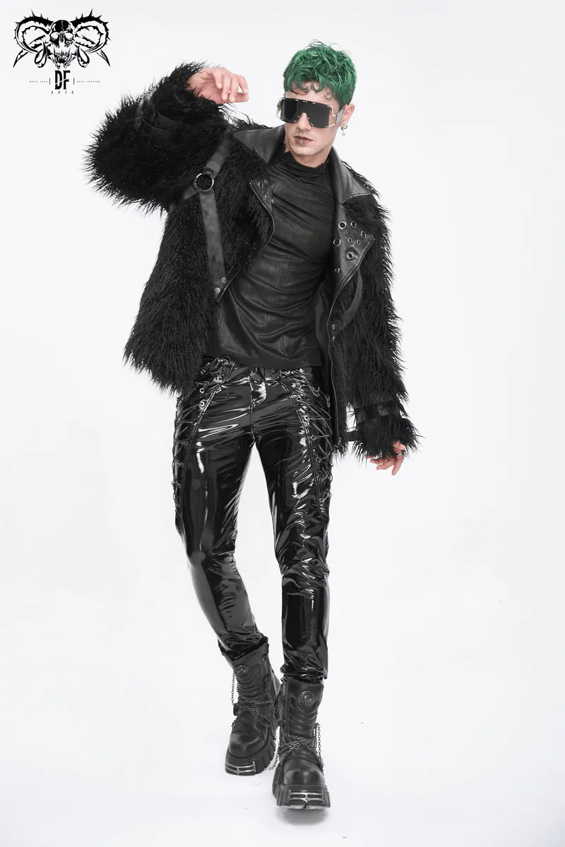 Gothic Punk Lapel Collar Faux Fur Jacket With Eyelets