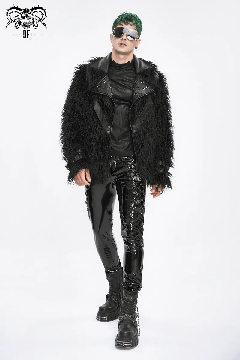 Gothic Punk Lapel Collar Faux Fur Jacket With Eyelets