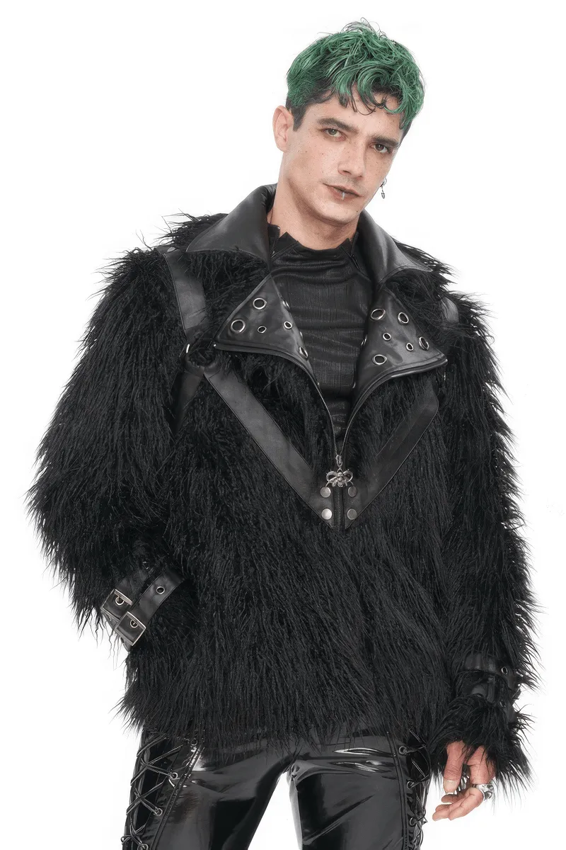 Gothic Punk Lapel Collar Faux Fur Jacket With Eyelets