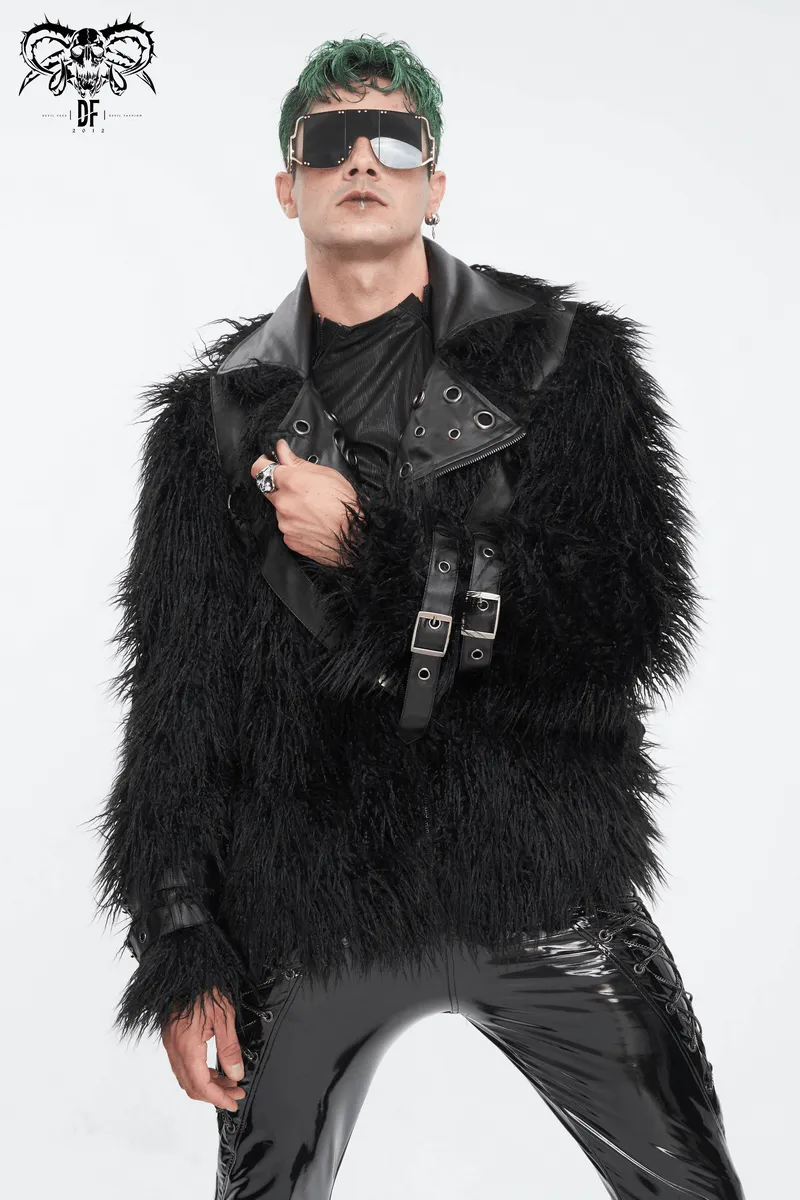 Gothic Punk Lapel Collar Faux Fur Jacket With Eyelets