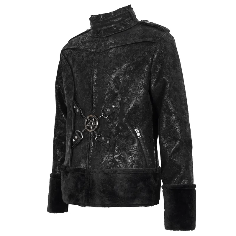 Gothic Stand Collar Splice Jacket with Buckle and Metal Pentagram