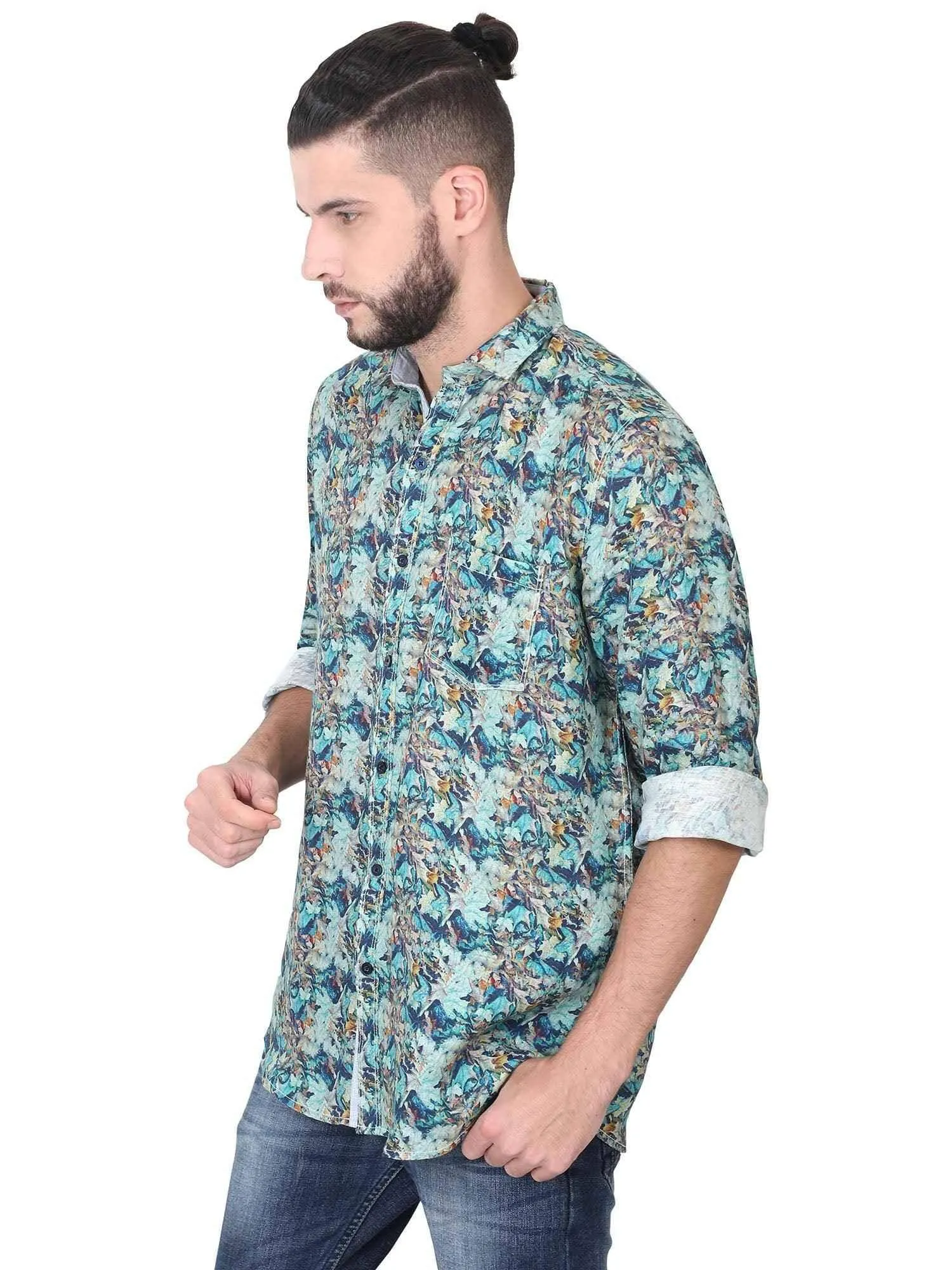 Green Leaf Digital Printed Linen Full Sleeve Men's Plus Size